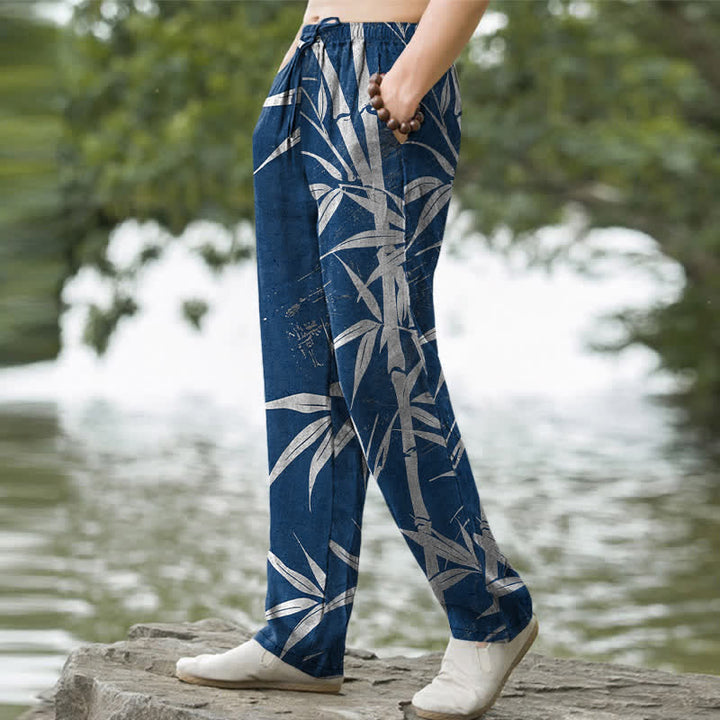 Buddha Stones Pantalon fuselé pour homme en coton à motif de feuilles de bambou dorées, avec poches - image 9