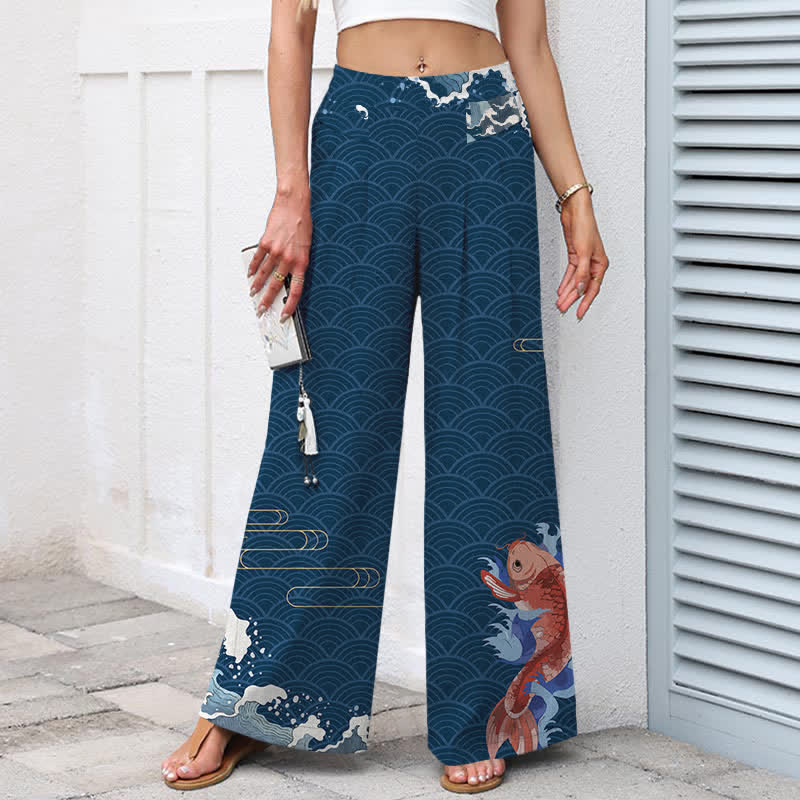 Buddha Stones Pantalon large en coton et lin à motif de vagues et de carpes koï, avec poches et taille élastique - image 1
