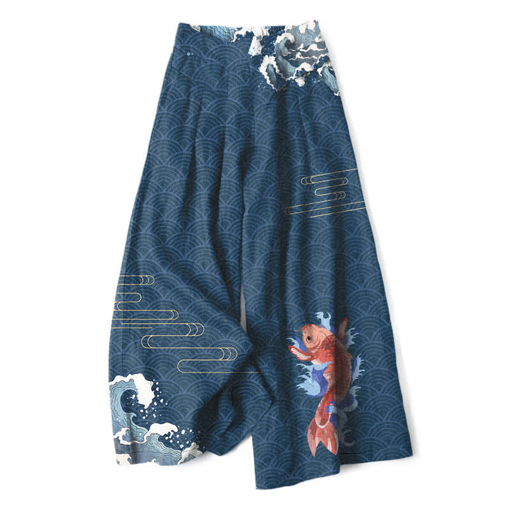 Buddha Stones Pantalon large en coton et lin à motif de vagues et de carpes koï, avec poches et taille élastique - Marine - US16，UK/AU20，EU48 (3XL) - image 0