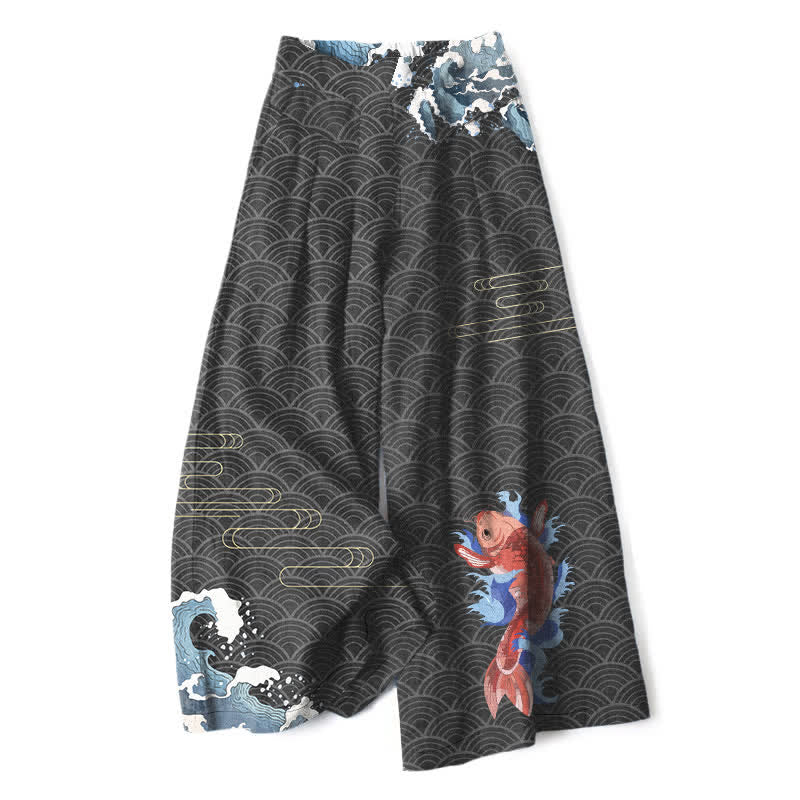 Buddha Stones Pantalon large en coton et lin à motif de vagues et de carpes koï, avec poches et taille élastique - Noir - US16，UK/AU20，EU48 (3XL) - image 4