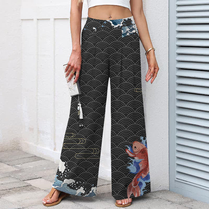 Buddha Stones Pantalon large en coton et lin à motif de vagues et de carpes koï, avec poches et taille élastique - image 5