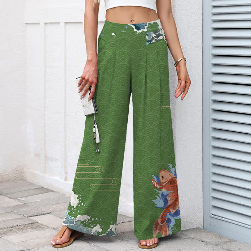 Buddha Stones Pantalon large en coton et lin à motif de vagues et de carpes koï, avec poches et taille élastique - image 7