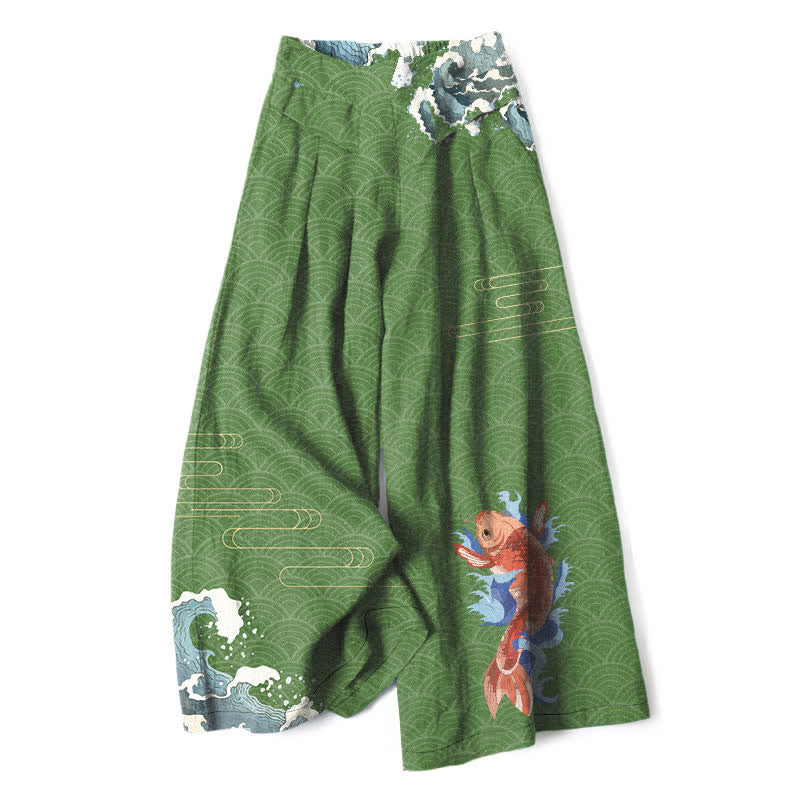 Buddha Stones Pantalon large en coton et lin à motif de vagues et de carpes koï, avec poches et taille élastique - Vert forêt - US16，UK/AU20，EU48 (3XL) - image 6