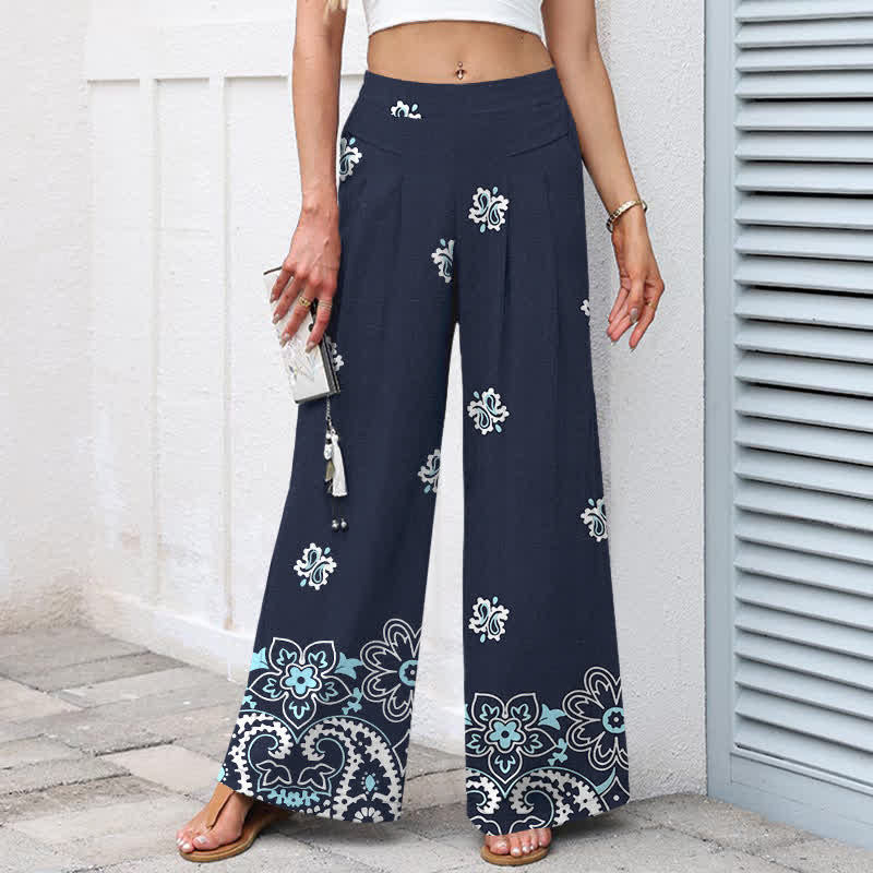 Buddha Stones Pantalon large à taille élastique et poches pour femme, en coton et lin, motif floral bohème - image 1