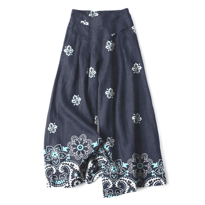 Buddha Stones Pantalon large à taille élastique et poches pour femme, en coton et lin, motif floral bohème - Marine - US16，UK/AU20，EU48 (3XL) - image 0