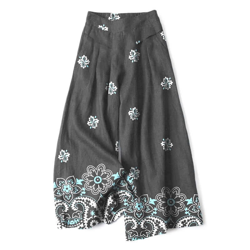 Buddha Stones Pantalon large à taille élastique et poches pour femme, en coton et lin, motif floral bohème - Gris sombre - US16，UK/AU20，EU48 (3XL) - image 4