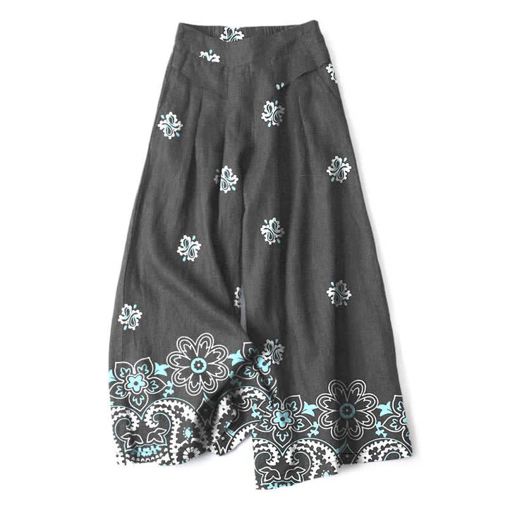 Buddha Stones Pantalon large à taille élastique et poches pour femme, en coton et lin, motif floral bohème - Gris sombre - US16，UK/AU20，EU48 (3XL) - image 4