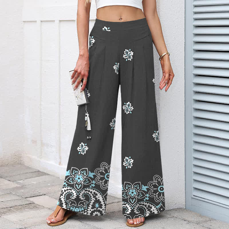 Buddha Stones Pantalon large à taille élastique et poches pour femme, en coton et lin, motif floral bohème - image 5