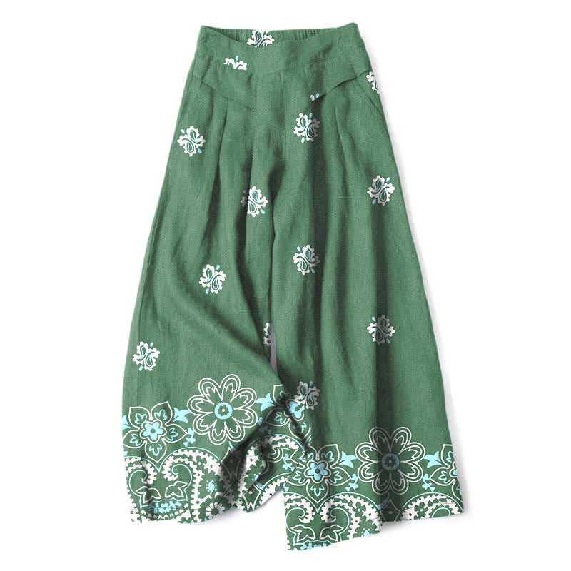 Buddha Stones Pantalon large à taille élastique et poches pour femme, en coton et lin, motif floral bohème - Vert mer moyen - US16，UK/AU20，EU48 (3XL) - image 6