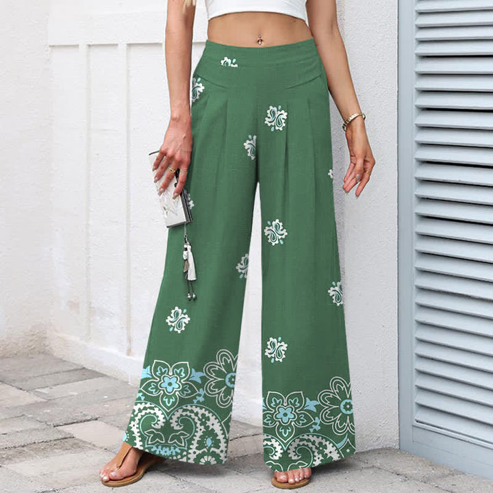 Buddha Stones Pantalon large à taille élastique et poches pour femme, en coton et lin, motif floral bohème - image 7