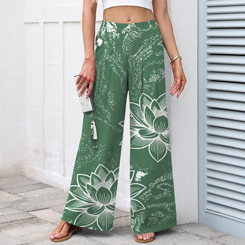 Buddha Stones Pantalon large à taille élastique et poches pour femme, en coton et lin, motif floral lotus - image 1