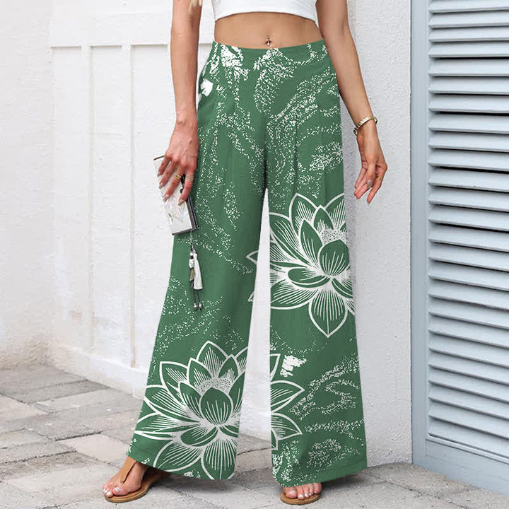 Buddha Stones Pantalon large à taille élastique et poches pour femme, en coton et lin, motif floral lotus - image 1