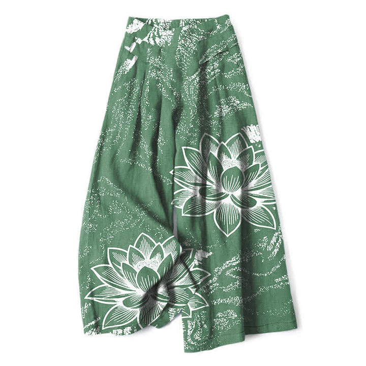 Buddha Stones Pantalon large à taille élastique et poches pour femme, en coton et lin, motif floral lotus - Vert d'eau - US16，UK/AU20，EU48 (3XL) - image 0