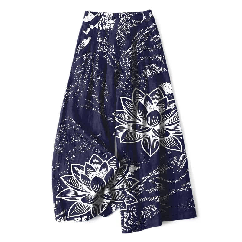 Buddha Stones Pantalon large à taille élastique et poches pour femme, en coton et lin, motif floral lotus - Marine - US16，UK/AU20，EU48 (3XL) - image 4