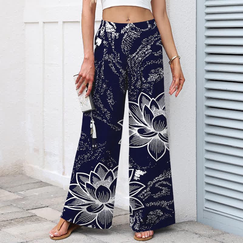 Buddha Stones Pantalon large à taille élastique et poches pour femme, en coton et lin, motif floral lotus - image 5