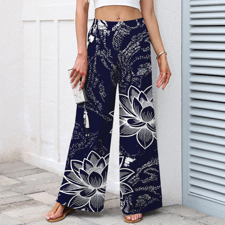 Buddha Stones Pantalon large à taille élastique et poches pour femme, en coton et lin, motif floral lotus - image 5