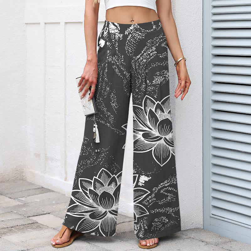 Buddha Stones Pantalon large à taille élastique et poches pour femme, en coton et lin, motif floral lotus - image 7
