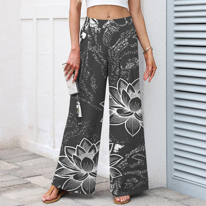Buddha Stones Pantalon large à taille élastique et poches pour femme, en coton et lin, motif floral lotus - image 7