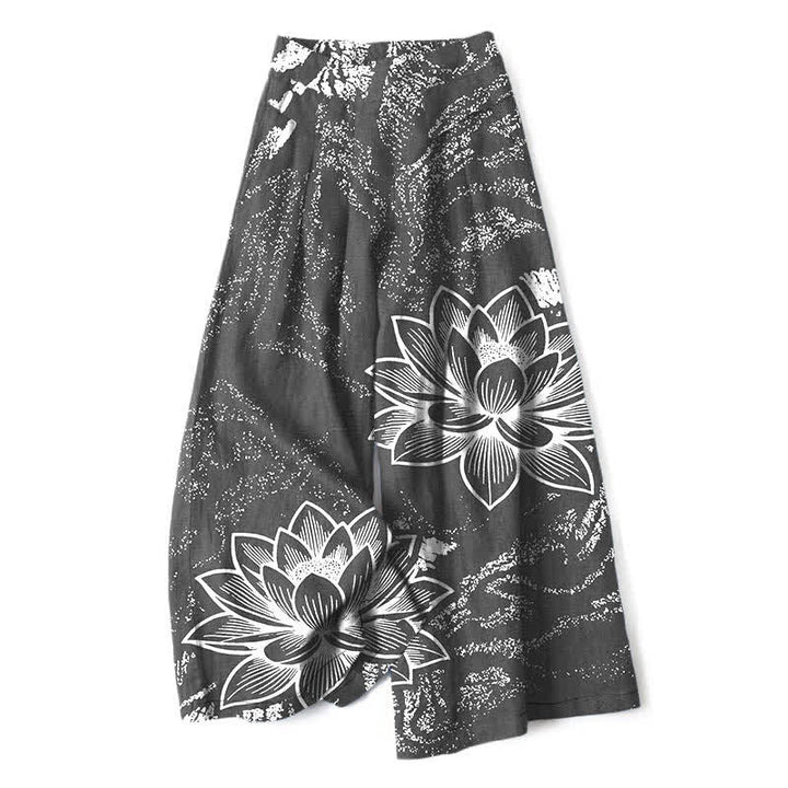 Buddha Stones Pantalon large à taille élastique et poches pour femme, en coton et lin, motif floral lotus - Gris sombre - US16，UK/AU20，EU48 (3XL) - image 6