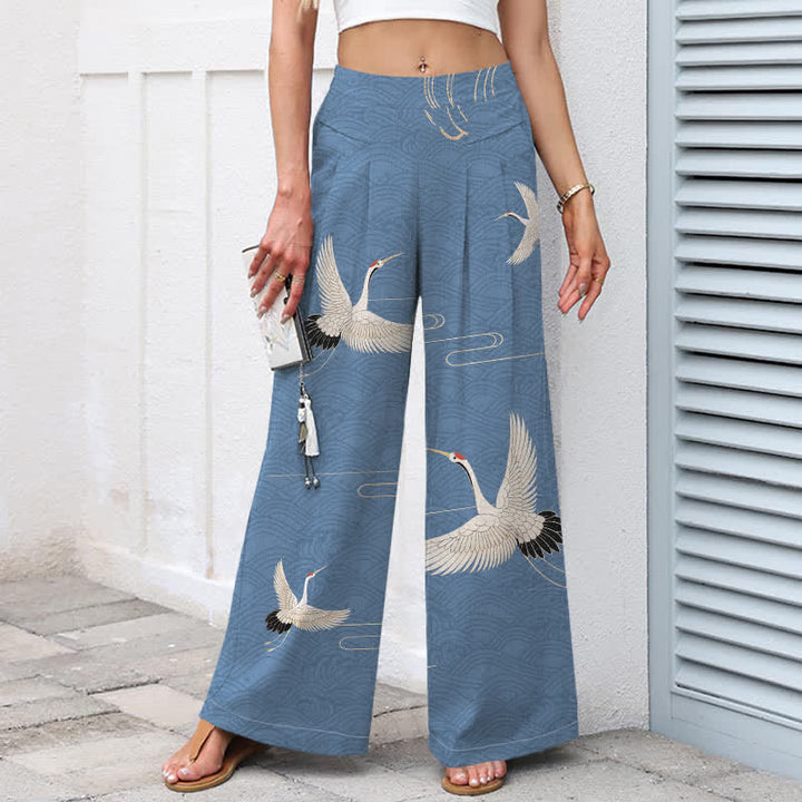 Buddha Stones Pantalon large à taille élastique et poches pour femme, en coton et lin, motif vagues et grues - image 1