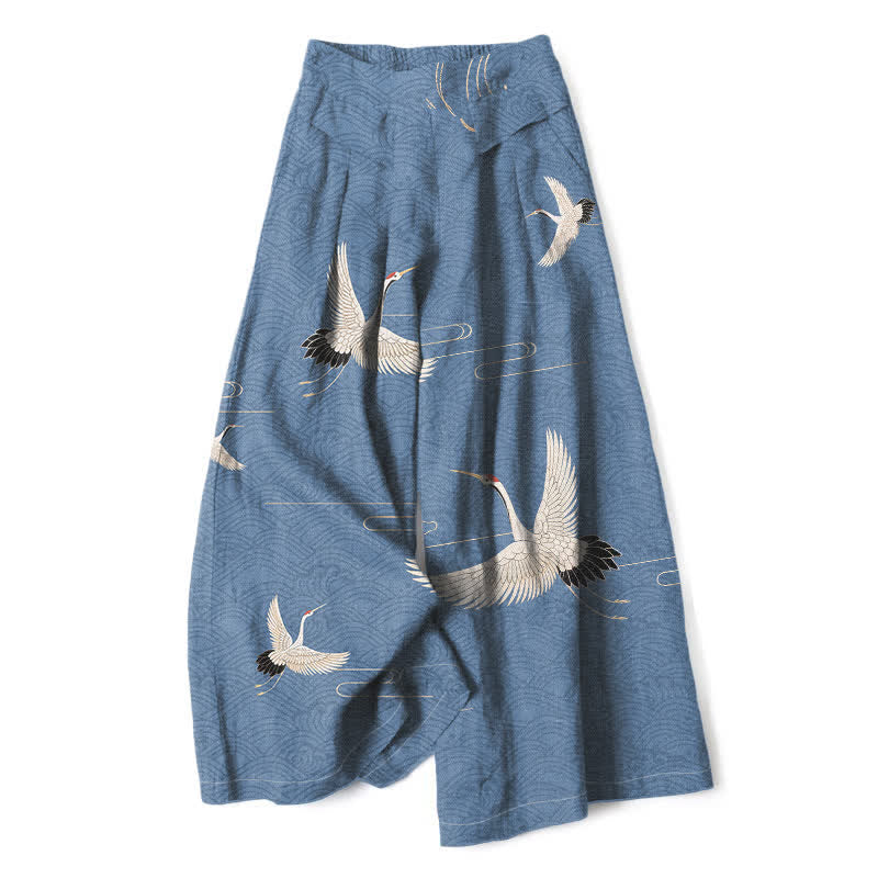 Buddha Stones Pantalon large à taille élastique et poches pour femme, en coton et lin, motif vagues et grues - SteelBlue - US16，UK/AU20，EU48 (3XL) - image 0