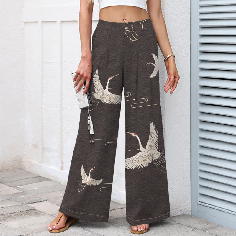 Buddha Stones Pantalon large à taille élastique et poches pour femme, en coton et lin, motif vagues et grues - image 5