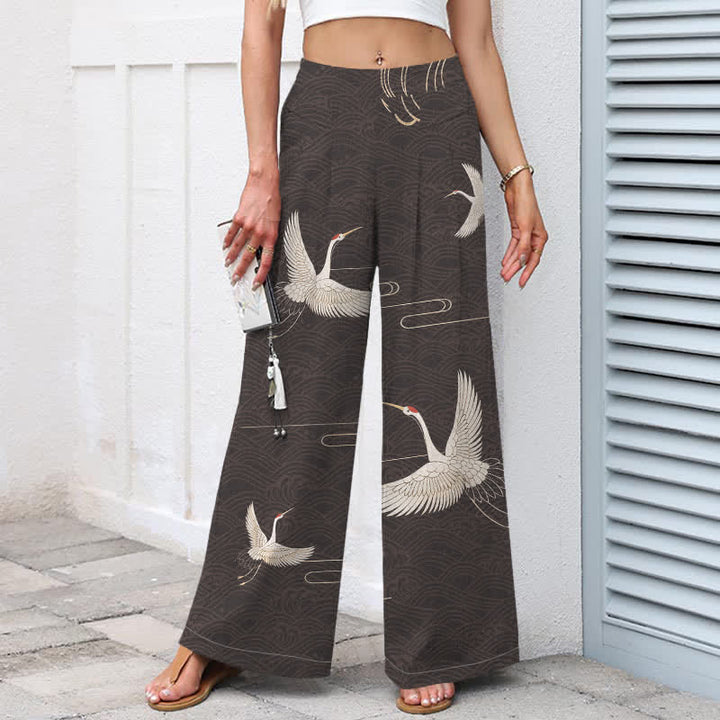 Buddha Stones Pantalon large à taille élastique et poches pour femme, en coton et lin, motif vagues et grues - image 5