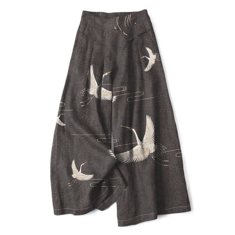 Buddha Stones Pantalon large à taille élastique et poches pour femme, en coton et lin, motif vagues et grues - Gris sombre - US16，UK/AU20，EU48 (3XL) - image 4