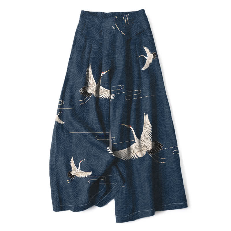 Buddha Stones Pantalon large à taille élastique et poches pour femme, en coton et lin, motif vagues et grues - Marine - US16，UK/AU20，EU48 (3XL) - image 6