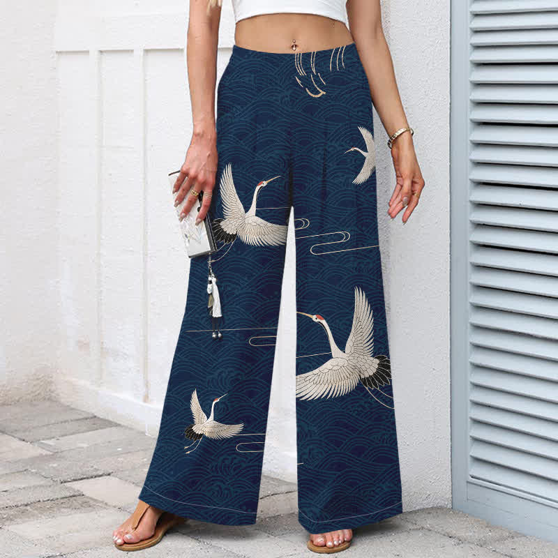 Buddha Stones Pantalon large à taille élastique et poches pour femme, en coton et lin, motif vagues et grues - image 7