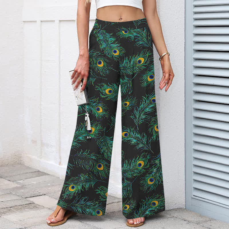 Buddha Stones Pantalon large en coton et lin à motif plumes de paon pour femme, taille élastique et poches - image 1