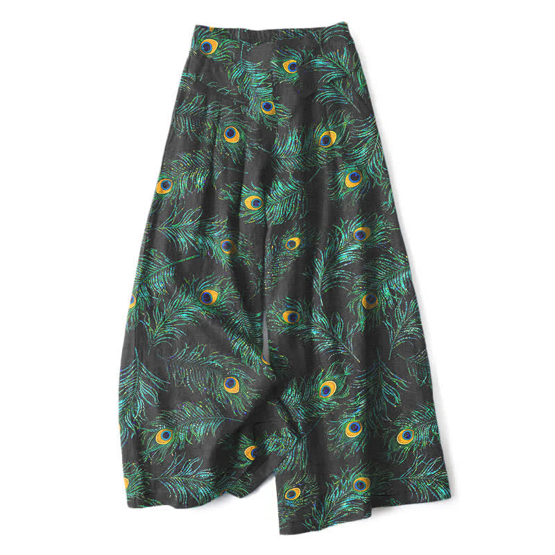 Buddha Stones Pantalon large en coton et lin à motif plumes de paon pour femme, taille élastique et poches - Noir - US16，UK/AU20，EU48 (3XL) - image 0