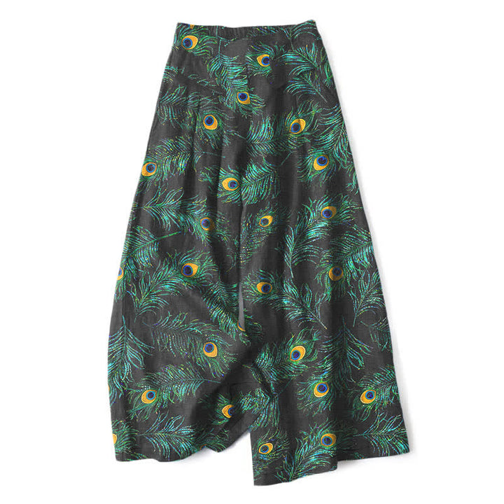Buddha Stones Pantalon large en coton et lin à motif plumes de paon pour femme, taille élastique et poches - Noir - US16，UK/AU20，EU48 (3XL) - image 0