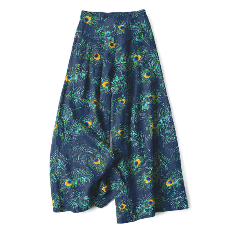 Buddha Stones Pantalon large en coton et lin à motif plumes de paon pour femme, taille élastique et poches - Marine - US16，UK/AU20，EU48 (3XL) - image 4