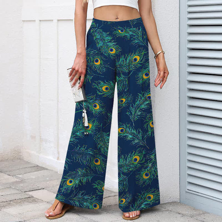 Buddha Stones Pantalon large en coton et lin à motif plumes de paon pour femme, taille élastique et poches - image 5