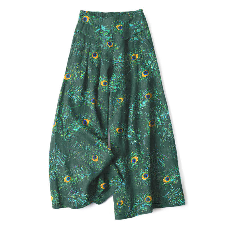 Buddha Stones Pantalon large en coton et lin à motif plumes de paon pour femme, taille élastique et poches - Vert forêt - US16，UK/AU20，EU48 (3XL) - image 6