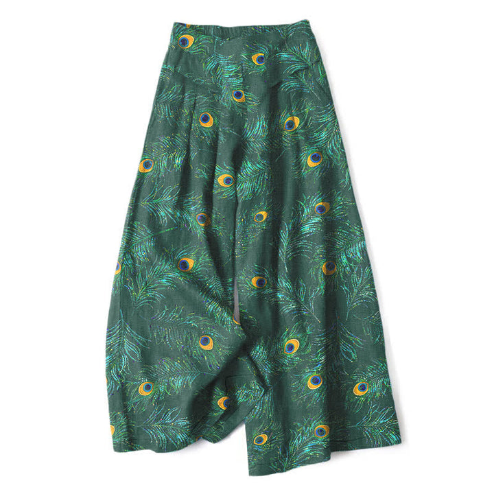 Buddha Stones Pantalon large en coton et lin à motif plumes de paon pour femme, taille élastique et poches - Vert forêt - US16，UK/AU20，EU48 (3XL) - image 6