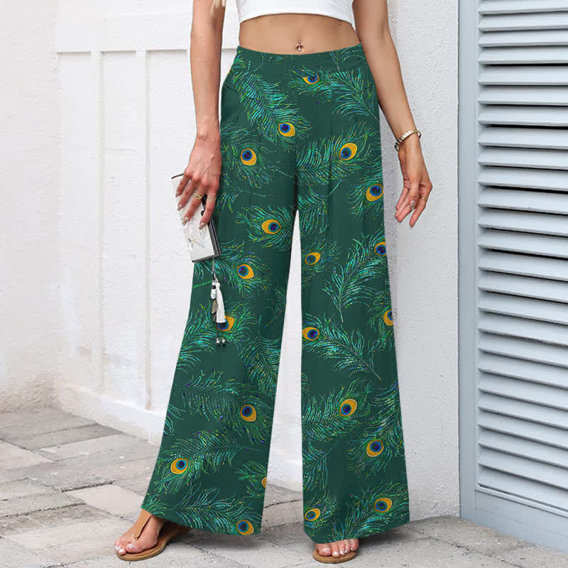 Buddha Stones Pantalon large en coton et lin à motif plumes de paon pour femme, taille élastique et poches - image 7
