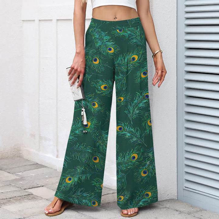 Buddha Stones Pantalon large en coton et lin à motif plumes de paon pour femme, taille élastique et poches - image 7