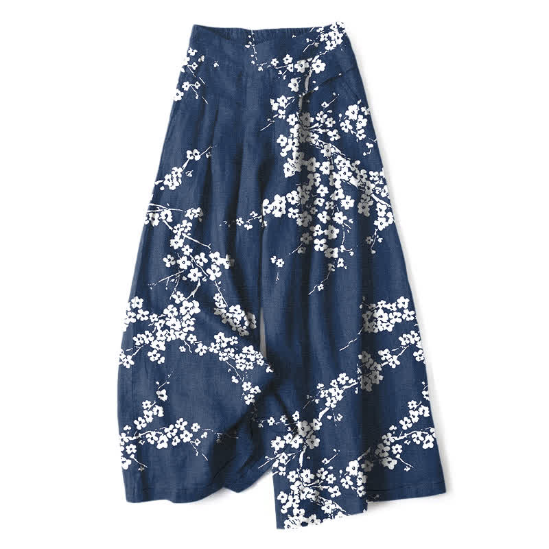 Buddha Stones Pantalon large à taille élastique et poches pour femme, en coton et lin blanc, motif branches de cerisier. - Marine - US16，UK/AU20，EU48 (3XL) - image 0