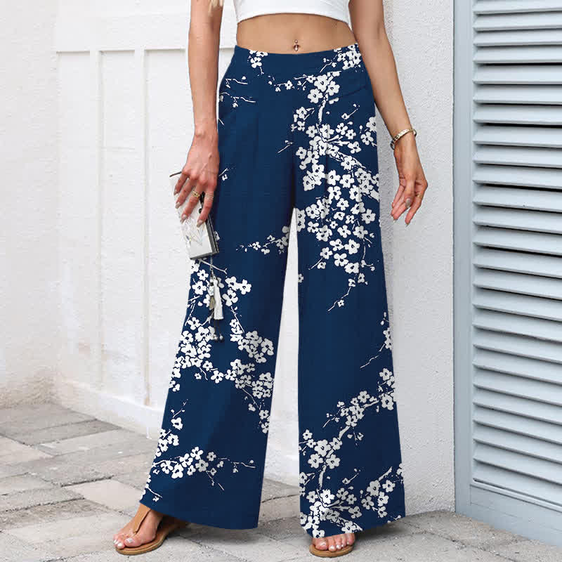 Buddha Stones Pantalon large à taille élastique et poches pour femme, en coton et lin blanc, motif branches de cerisier. - image 1