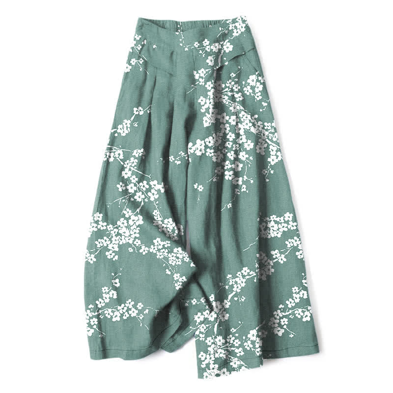 Buddha Stones Pantalon large à taille élastique et poches pour femme, en coton et lin blanc, motif branches de cerisier. - Aigue-marine moyenne - US16，UK/AU20，EU48 (3XL) - image 4