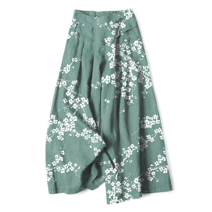Buddha Stones Pantalon large à taille élastique et poches pour femme, en coton et lin blanc, motif branches de cerisier. - Aigue-marine moyenne - US16，UK/AU20，EU48 (3XL) - image 4