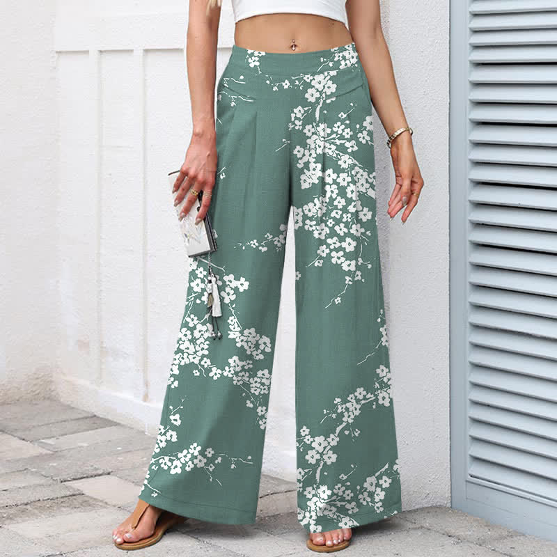 Buddha Stones Pantalon large à taille élastique et poches pour femme, en coton et lin blanc, motif branches de cerisier. - image 5