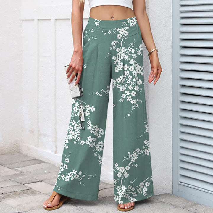 Buddha Stones Pantalon large à taille élastique et poches pour femme, en coton et lin blanc, motif branches de cerisier. - image 5