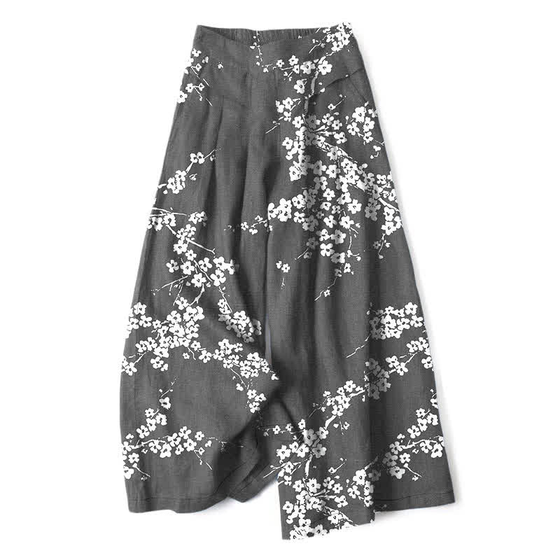 Buddha Stones Pantalon large à taille élastique et poches pour femme, en coton et lin blanc, motif branches de cerisier. - Gris sombre - US16，UK/AU20，EU48 (3XL) - image 6