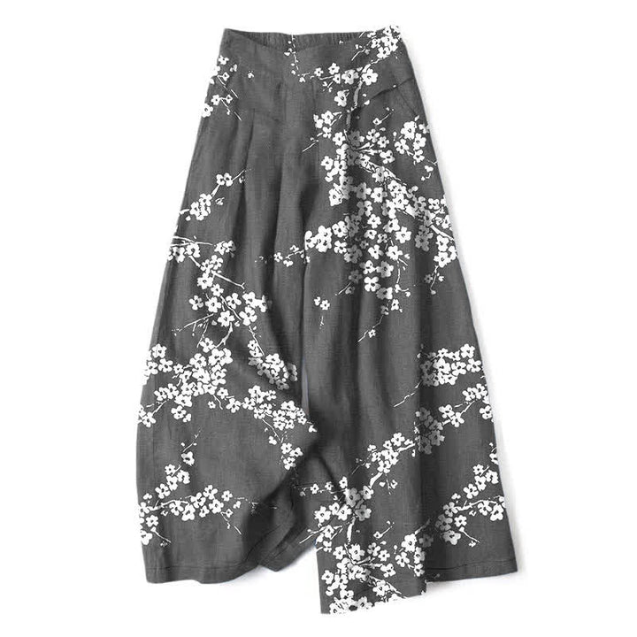 Buddha Stones Pantalon large à taille élastique et poches pour femme, en coton et lin blanc, motif branches de cerisier. - Gris sombre - US16，UK/AU20，EU48 (3XL) - image 6