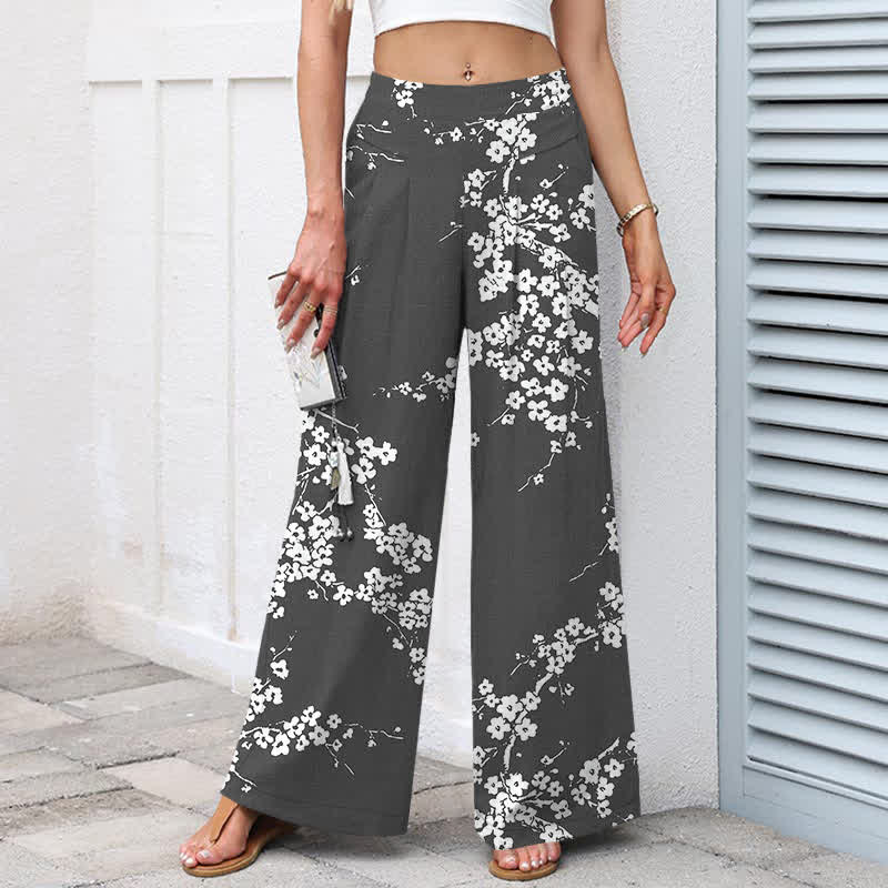 Buddha Stones Pantalon large à taille élastique et poches pour femme, en coton et lin blanc, motif branches de cerisier. - image 7