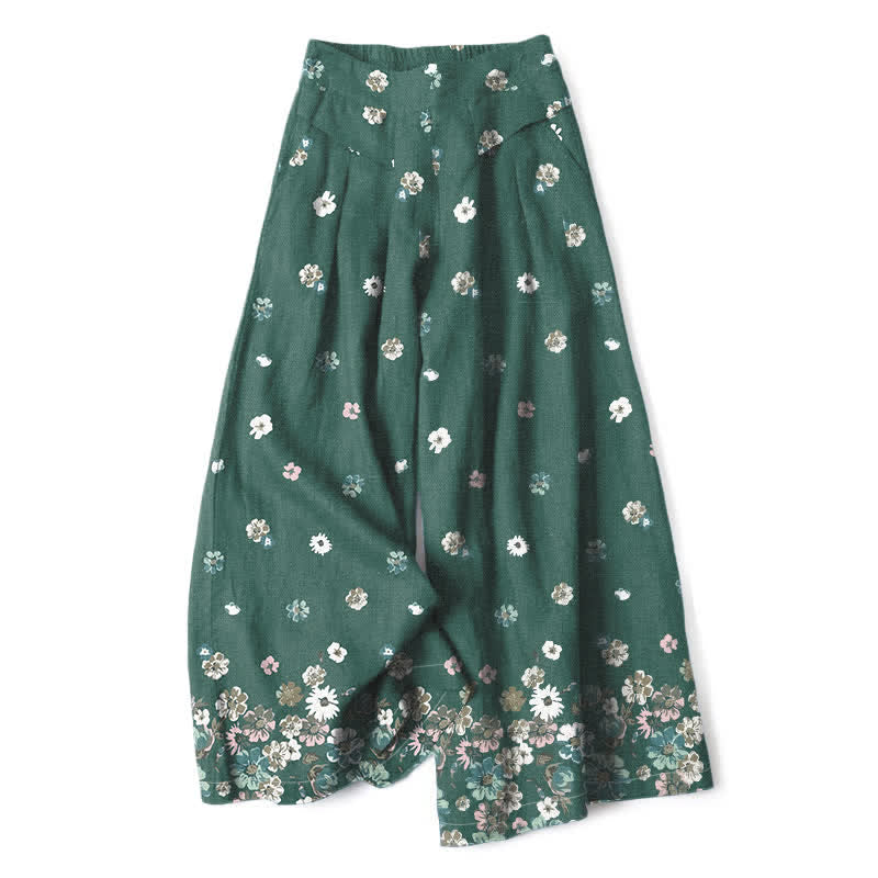 Buddha Stones Pantalon large en coton et lin à motif floral marguerite vintage pour femme, taille élastique et poches - Vert d'eau - US16，UK/AU20，EU48 (3XL) - image 0