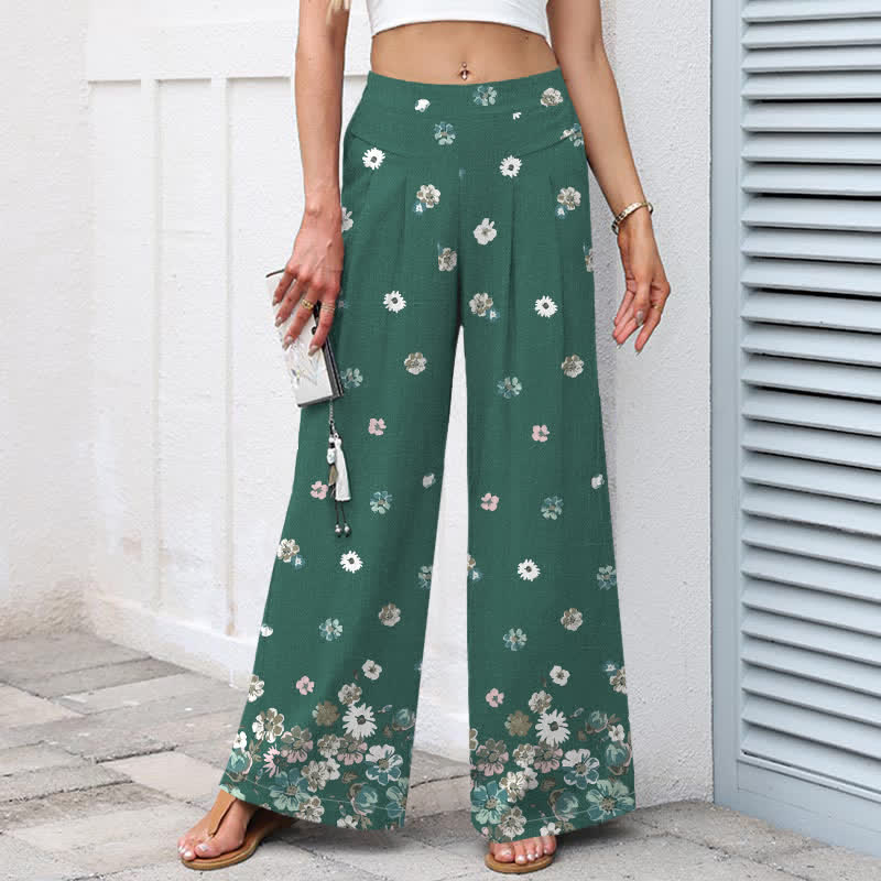 Buddha Stones Pantalon large en coton et lin à motif floral marguerite vintage pour femme, taille élastique et poches - image 1